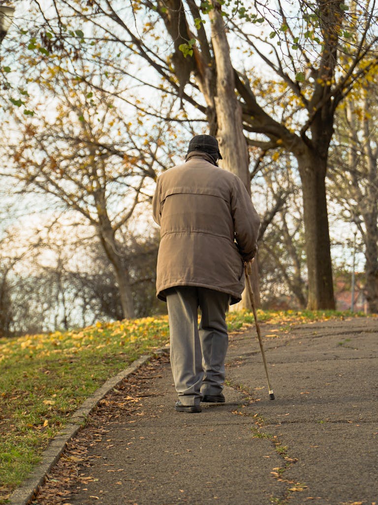 An elderly man walking with a cane on a path in a park during autumn. Trees and fallen leaves create a serene setting.